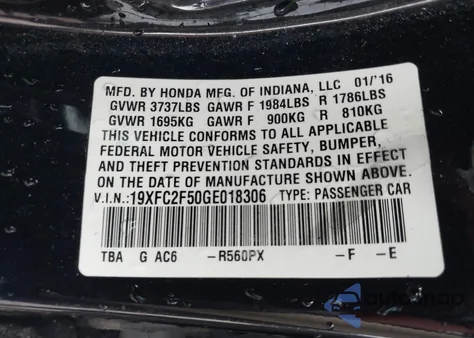 2016 Honda Civic Lx from USA, damaged, VIN 19XFC2F50GE018306